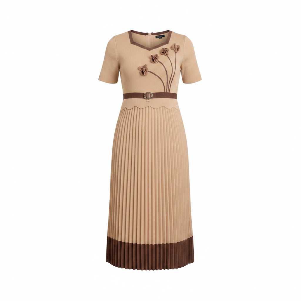 Girls' beige pleated midi dress with floral appliqué ghost mannequin front view