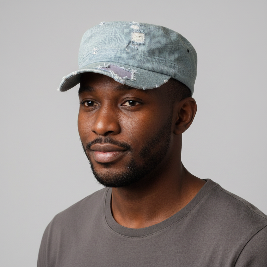 Nigerian male model wearing distressed light wash blue denim military cadet cap