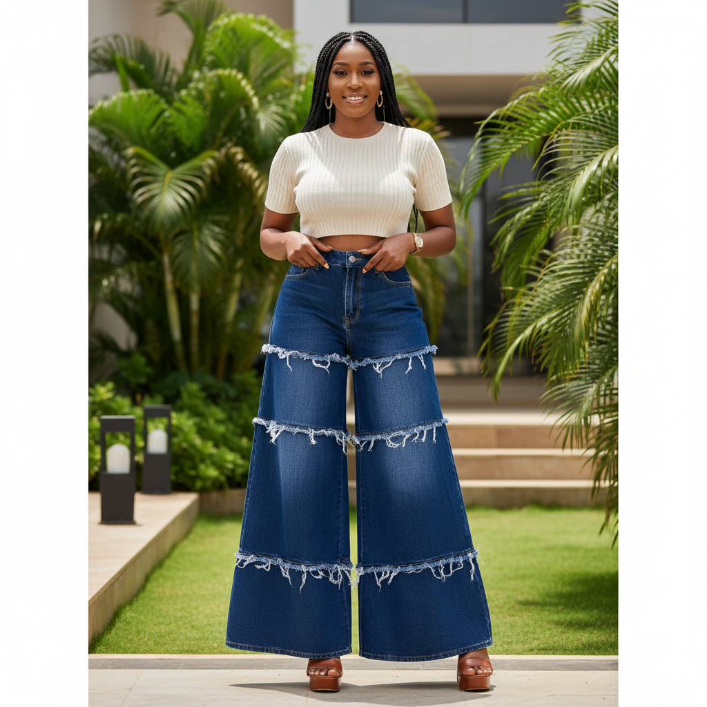 Front view - Navy Tiered Frayed Wide-Leg Flare Jeans