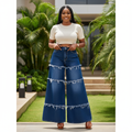 Front view - Navy Tiered Frayed Wide-Leg Flare Jeans