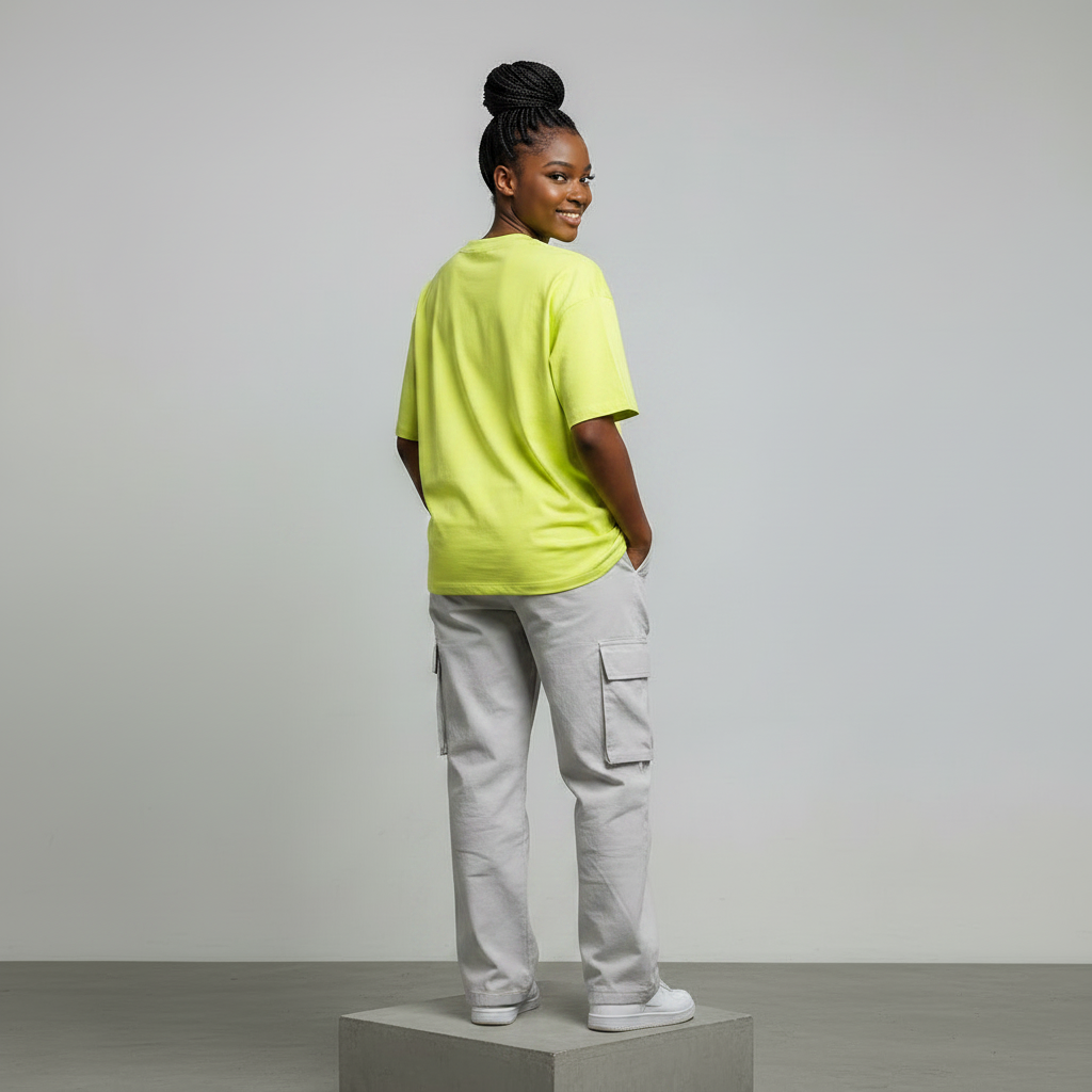 Nigerian female model back view wearing plain neon yellow T-shirt - consistent model