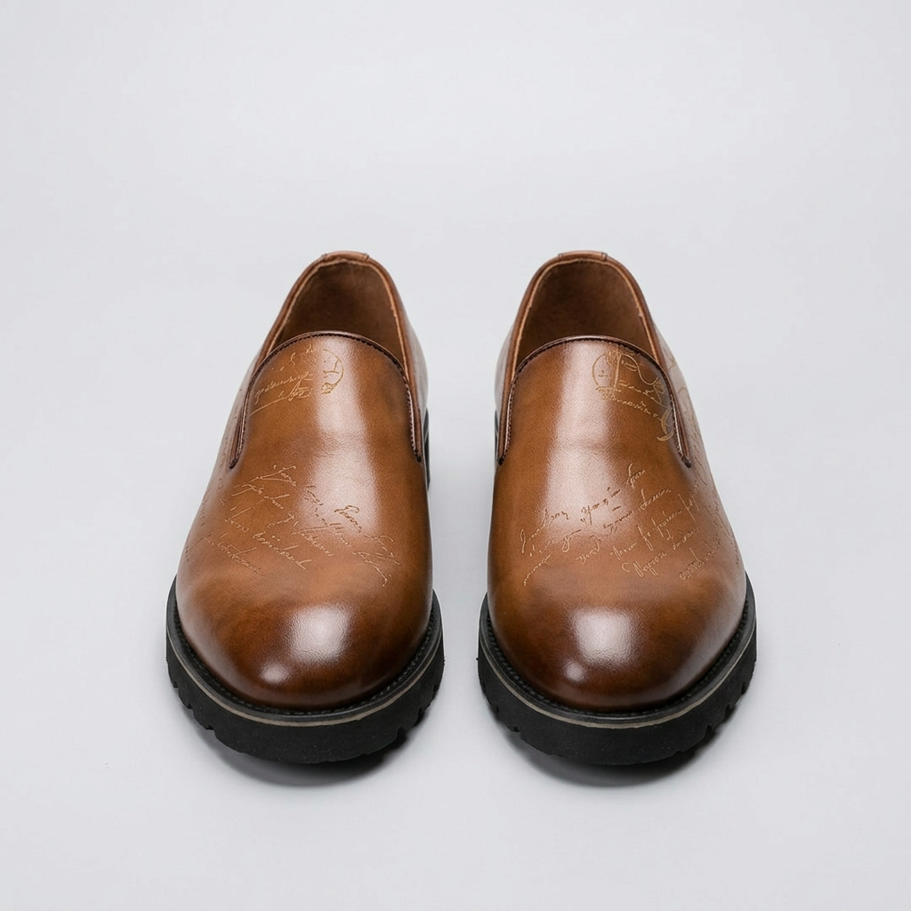 Men's tan slip-on loafers with chunky black soles, straight-on view of the pair