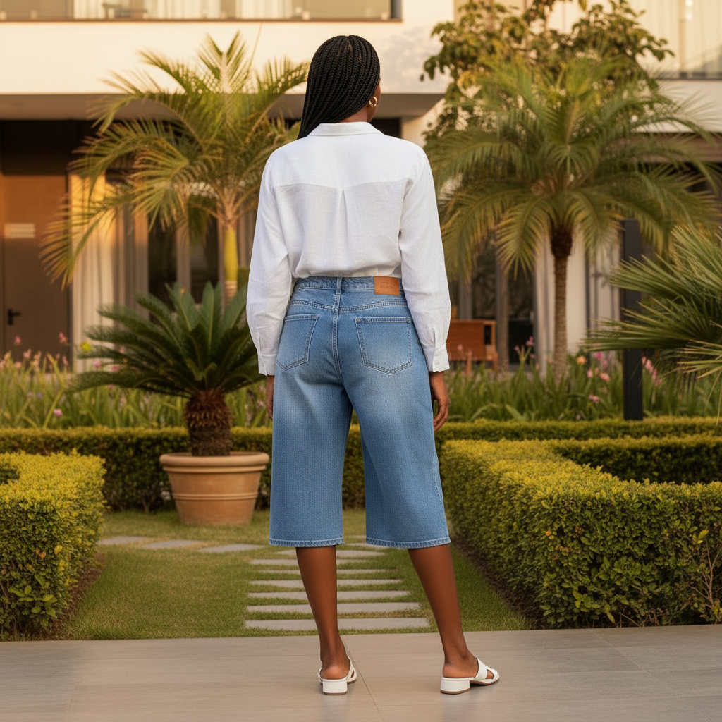 High-Waist Denim Bermuda Shorts - Back Model View
