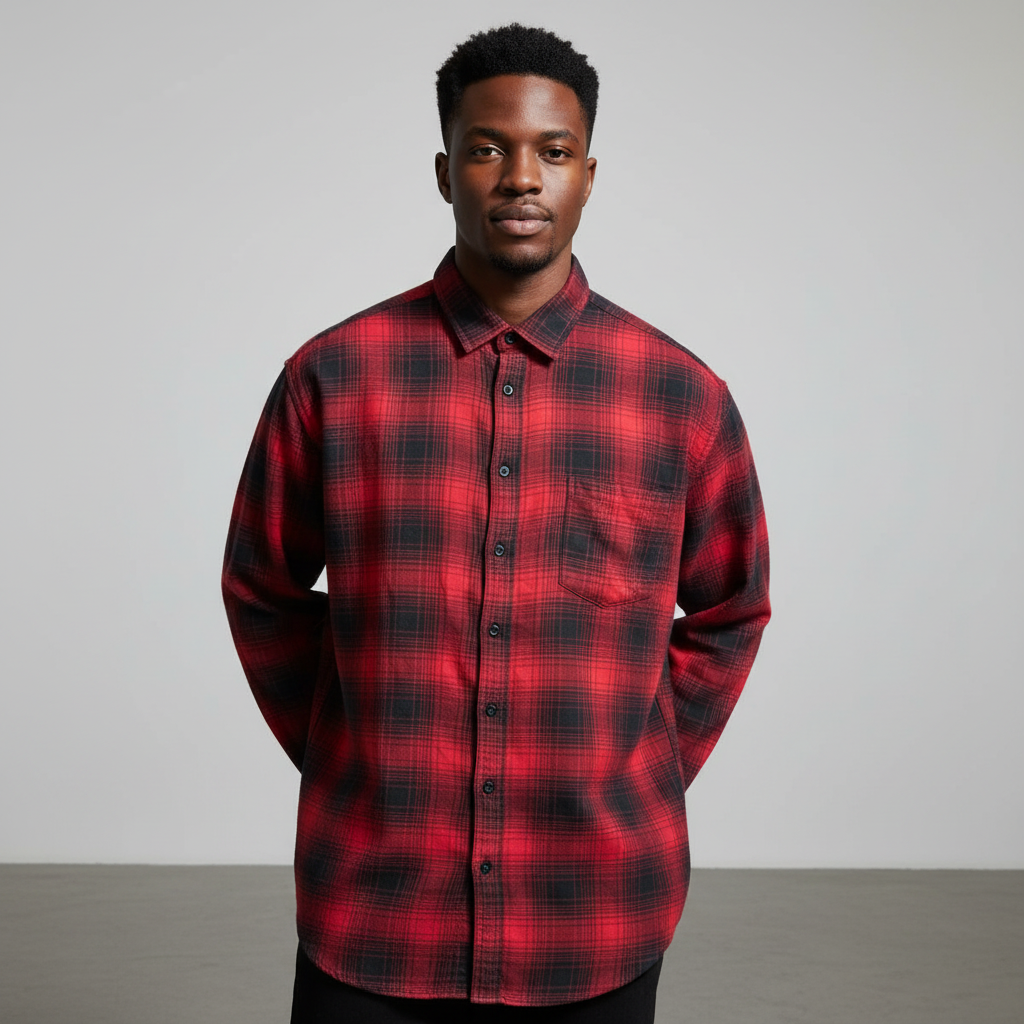Male model wearing red ombre plaid long sleeve shirt