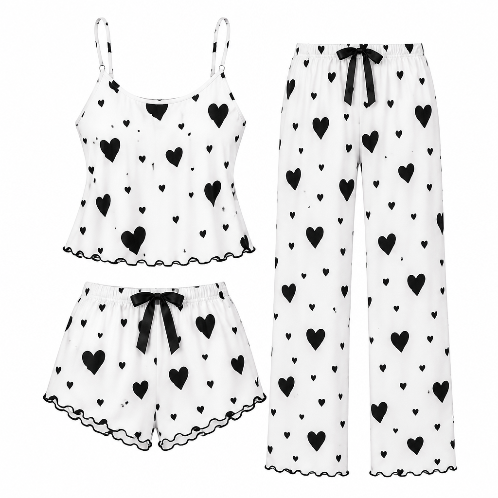3-in-1 Heart Print Cami Pyjama Set – White Black Hearts