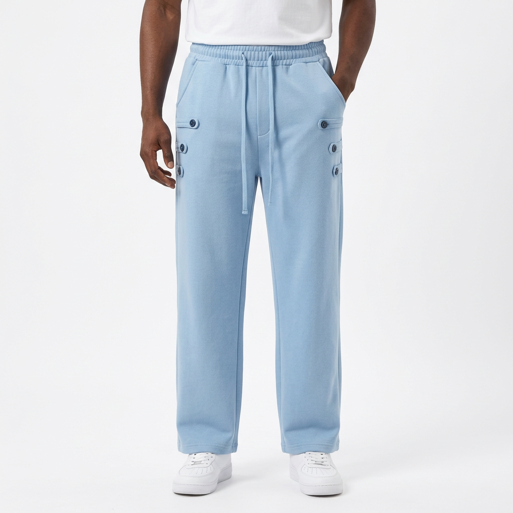 Male model wearing powder-blue button-tab drawstring trousers with white sneakers on white
