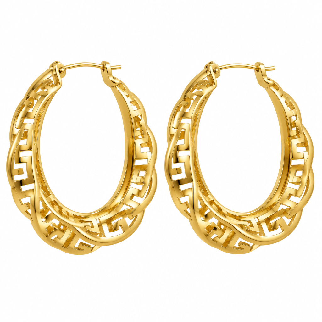 Gold Greek Key Scalloped Oval Hoop Earrings – Catalog Shot