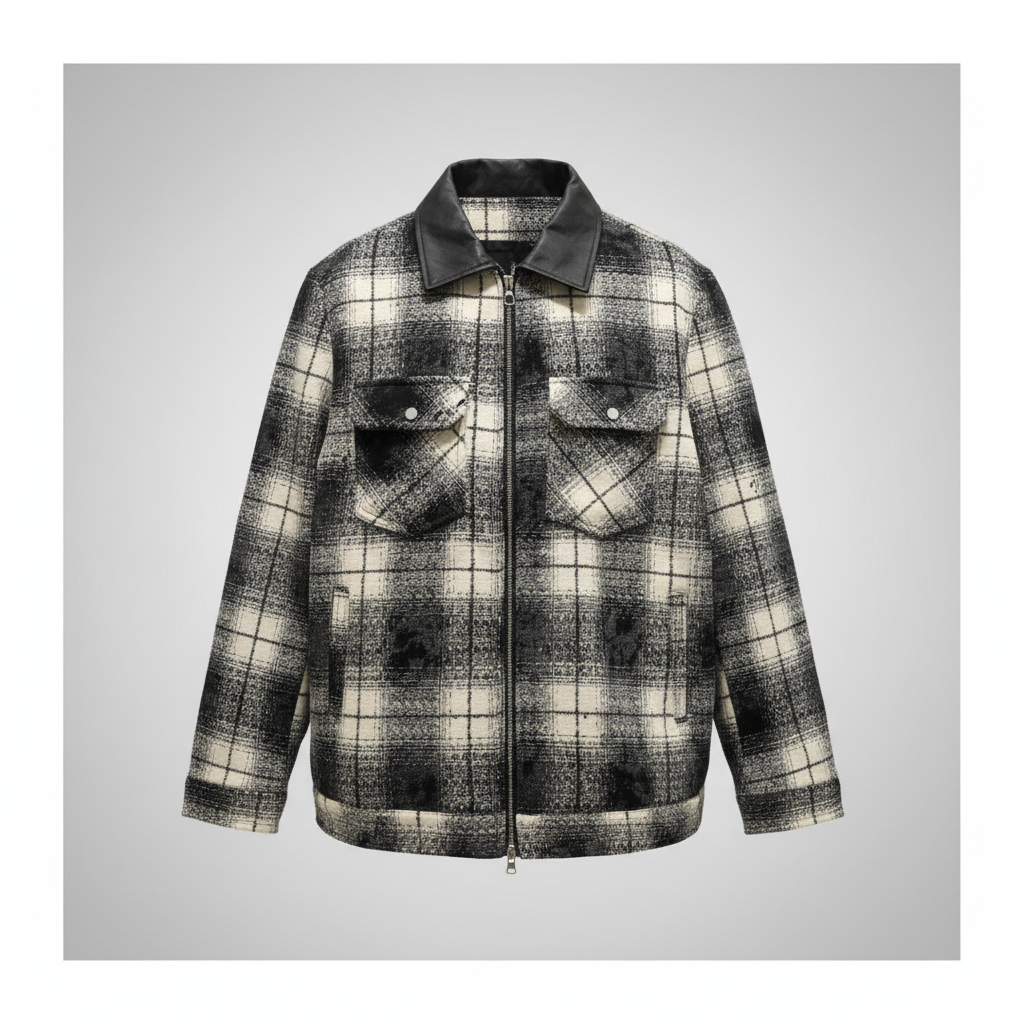 Ghost mannequin black plaid tweed distressed zip jacket