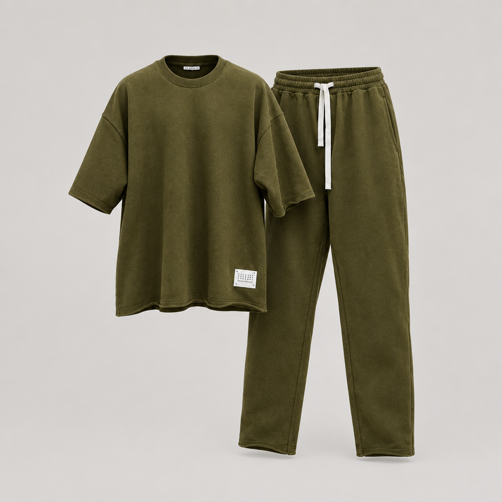 Olive oversized t-shirt and jogger tracksuit set, ghost mannequin front view