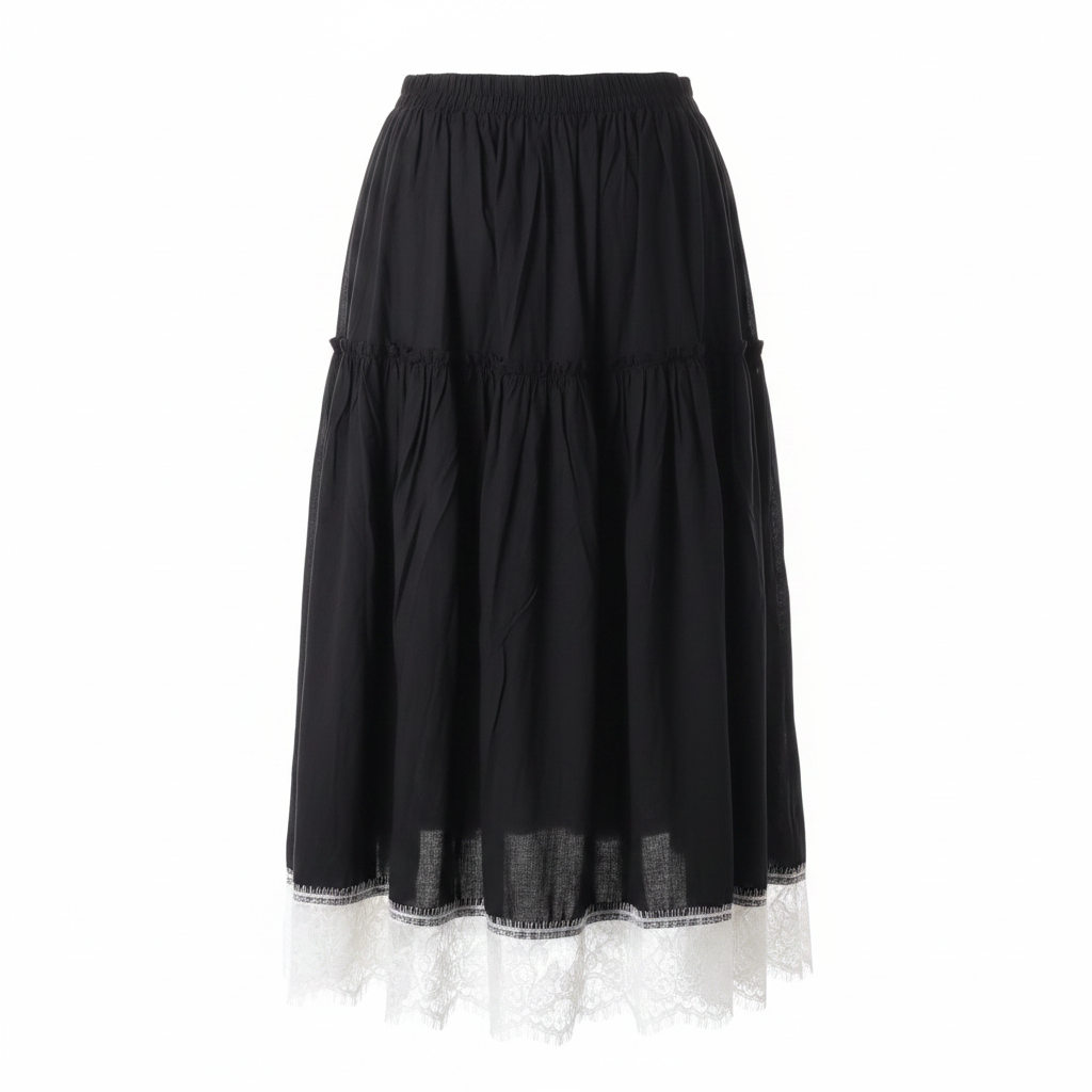 Black Gathered Midi Skirt with Lace Hem - Ghost Mannequin