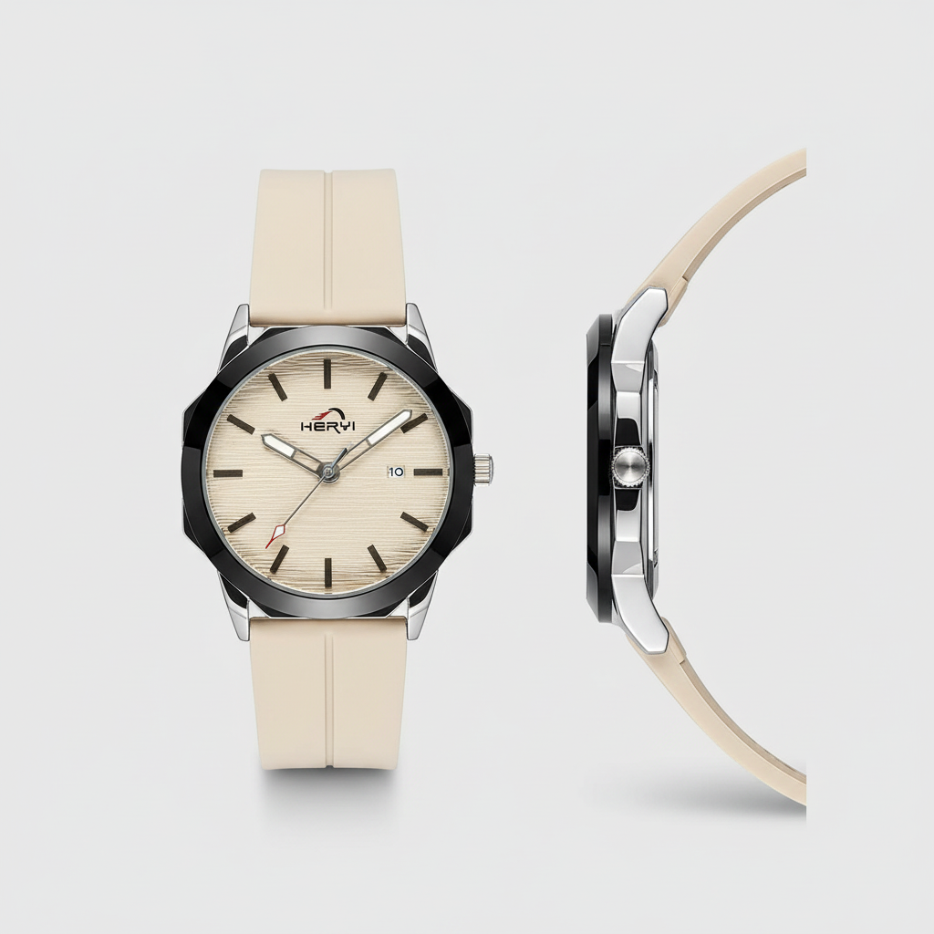 Cream textured dial watch with cream strap, polished case, and black bezel shown from the front and side