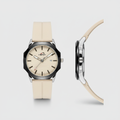 Cream textured dial watch with cream strap, polished case, and black bezel shown from the front and side