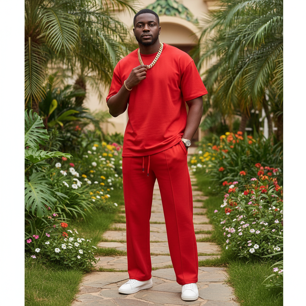 Nigerian male model wearing bold red matching co-ord set outdoors