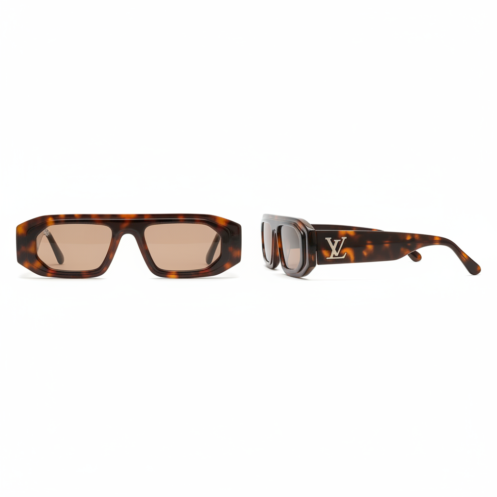 Unisex chunky rectangular tortoiseshell sunglasses with silver hardware – front and side ghost mannequin view on white background