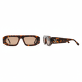 Unisex chunky rectangular tortoiseshell sunglasses with silver hardware – front and side ghost mannequin view on white background