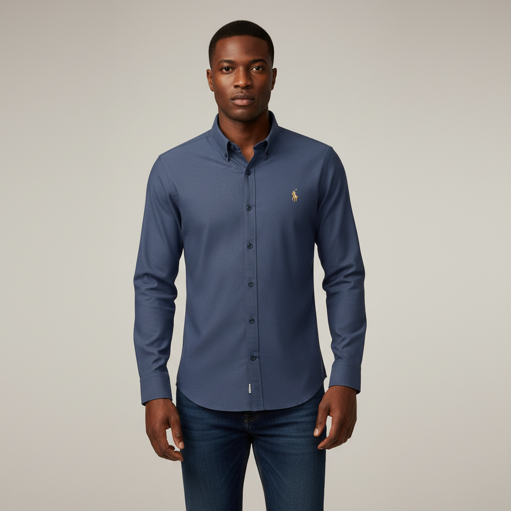 Nigerian adult male model wearing Steel Blue Long Sleeve Shirt – Front View