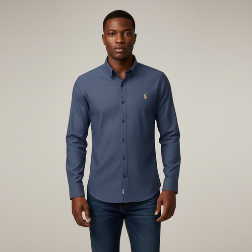 Nigerian adult male model wearing Steel Blue Long Sleeve Shirt - Front View
