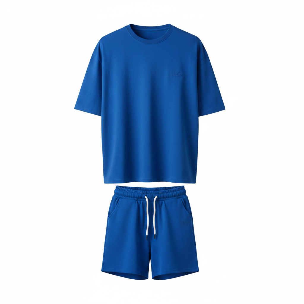 Royal blue matching co-ord set on ghost mannequin, white background