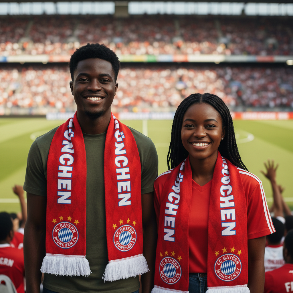 Male and female models wearing red football fan scarf at stadium