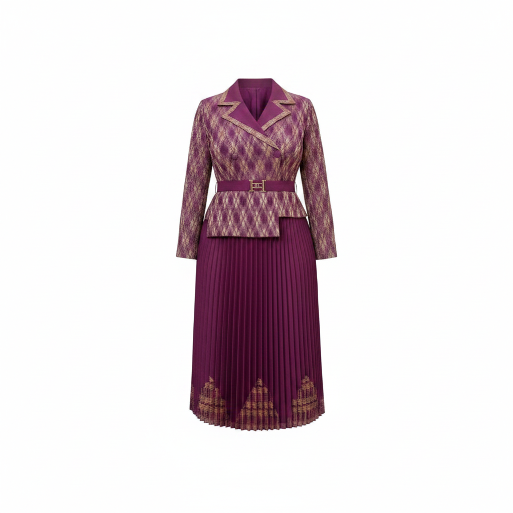 Women's purple and gold jacquard blazer pleated midi gown ghost mannequin view on white background