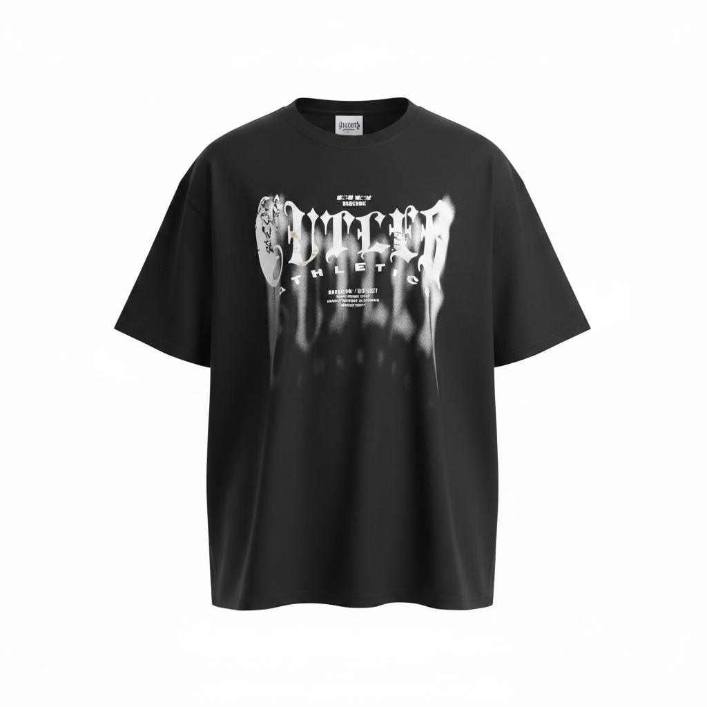 Women's black gothic smoky lettering graphic oversized tee - ghost mannequin front view