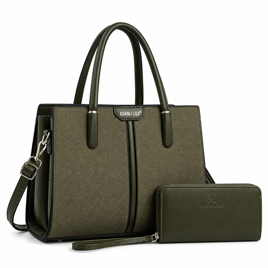 Olive green textured tote with matching wristlet wallet