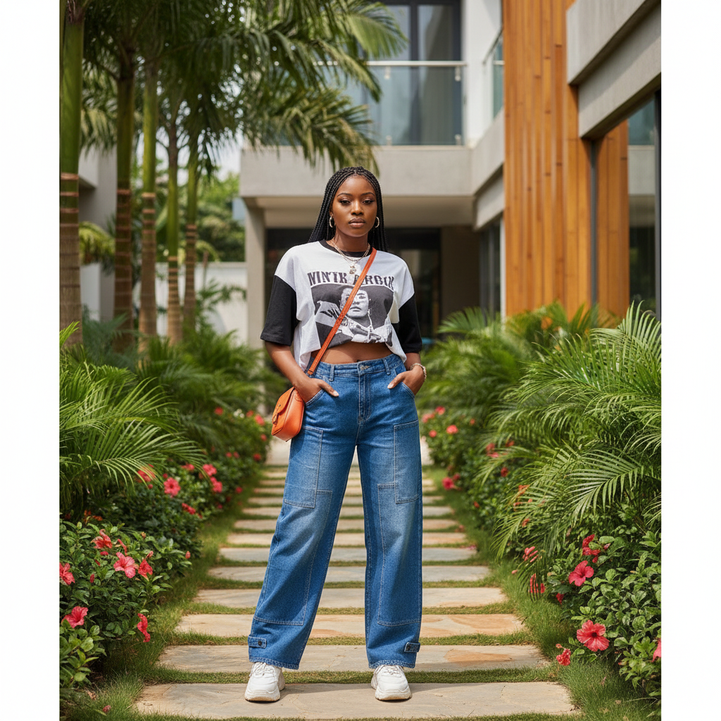 Women's Blue Patch Pocket Wide-Leg Denim Jeans – Nigerian Model Shot