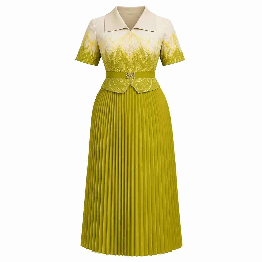 Cream and chartreuse collared pleated dress on white background