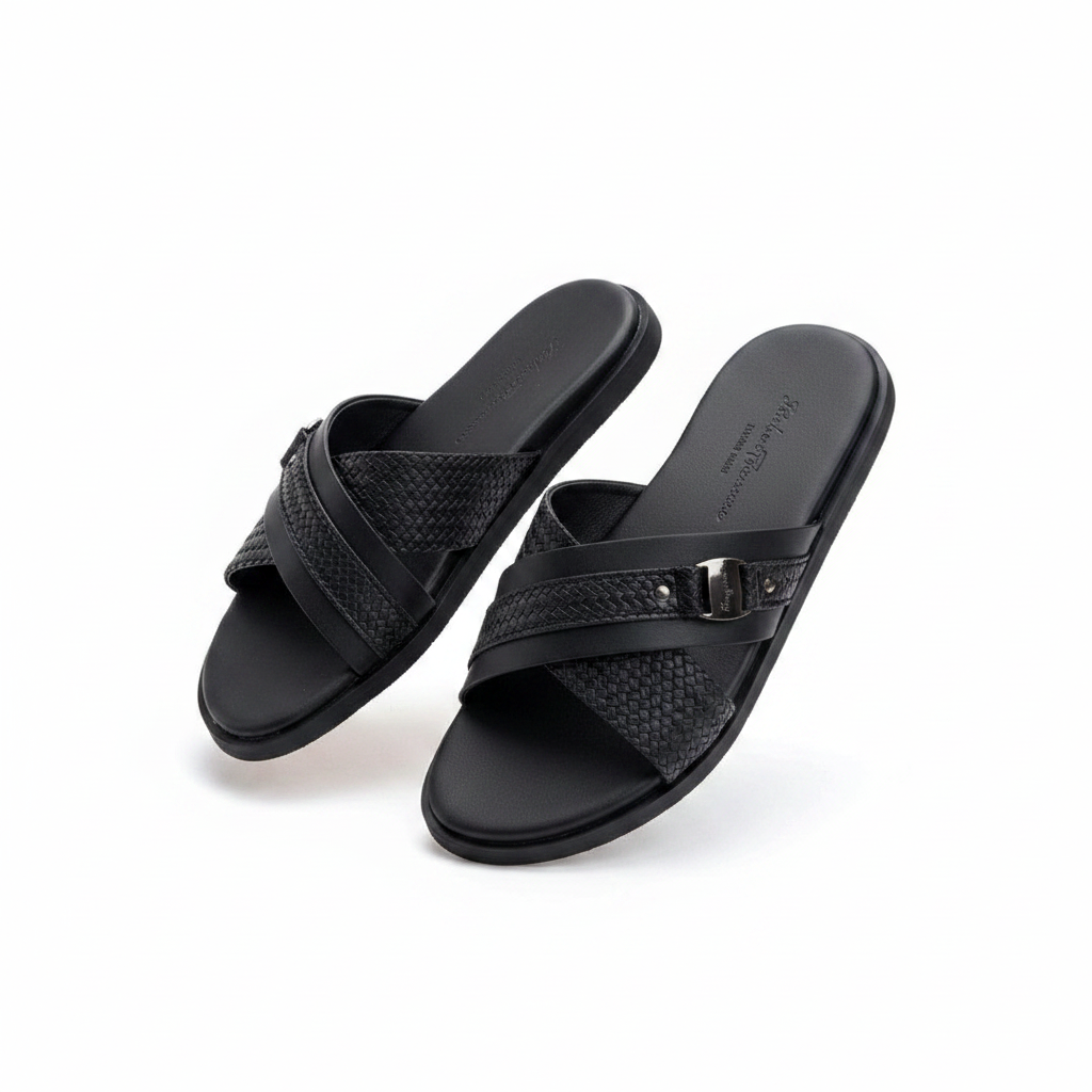Men's black woven cross-strap slide slipper — ghost mannequin view