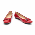 Red croc-embossed patent leather square-toe ballet flat with double-bar buckle — clean pair product shot