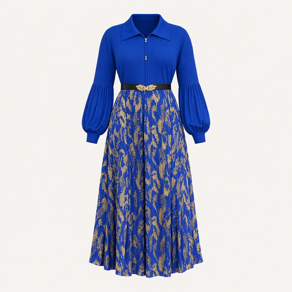 Ghost mannequin view of a royal blue floral midi gown with puff sleeves and a belted waist
