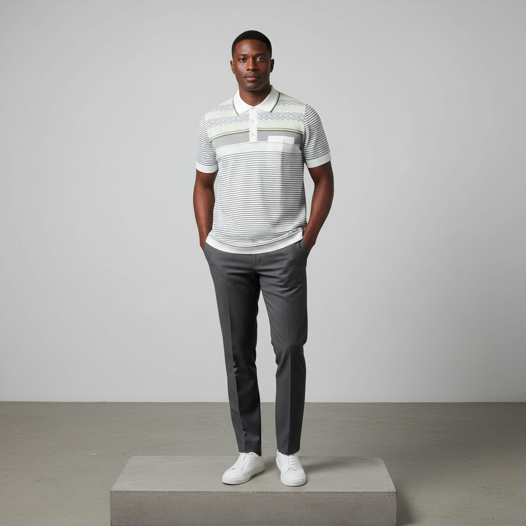 White Multi-Texture Chevron Yoke Polo Shirt - Model Front