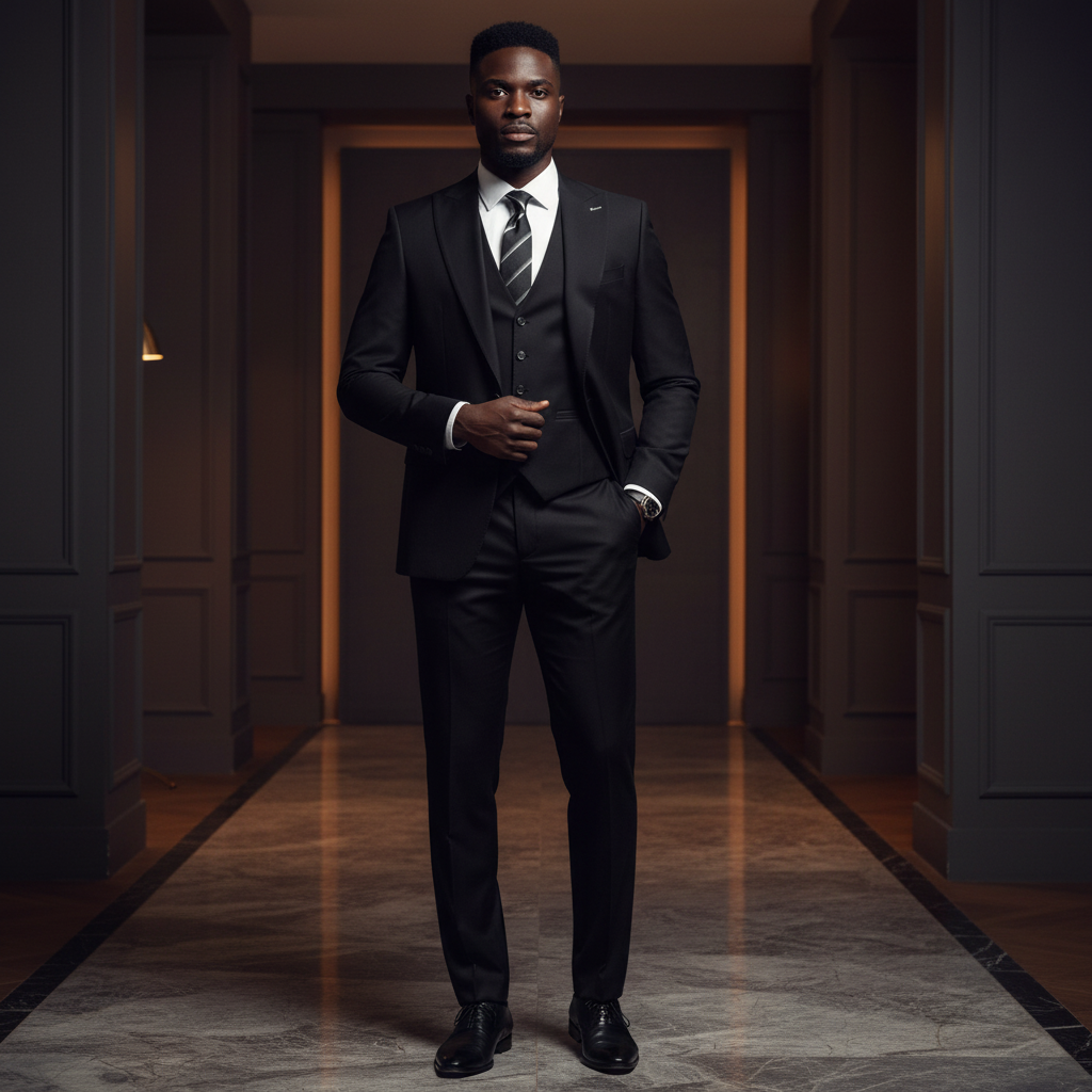 Nigerian male model wearing the Obsidian Noir three-piece black luxury suit