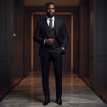 Nigerian male model wearing the Obsidian Noir three-piece black luxury suit
