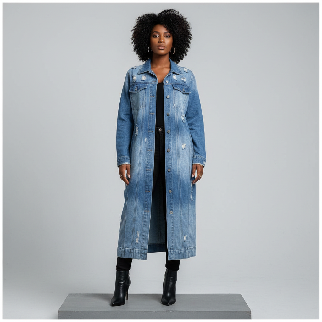 Blue Distressed Longline Denim Coat – Front Model