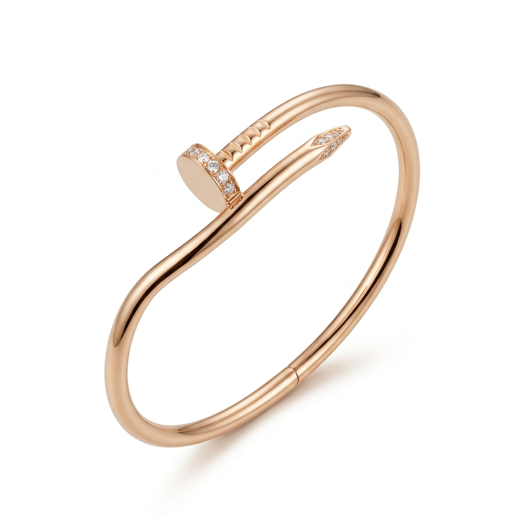 Rose-colour geometric-detail nail bracelet with stone accents on white