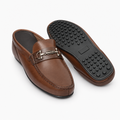Men’s brown open-back buckle slippers shown as a complete pair