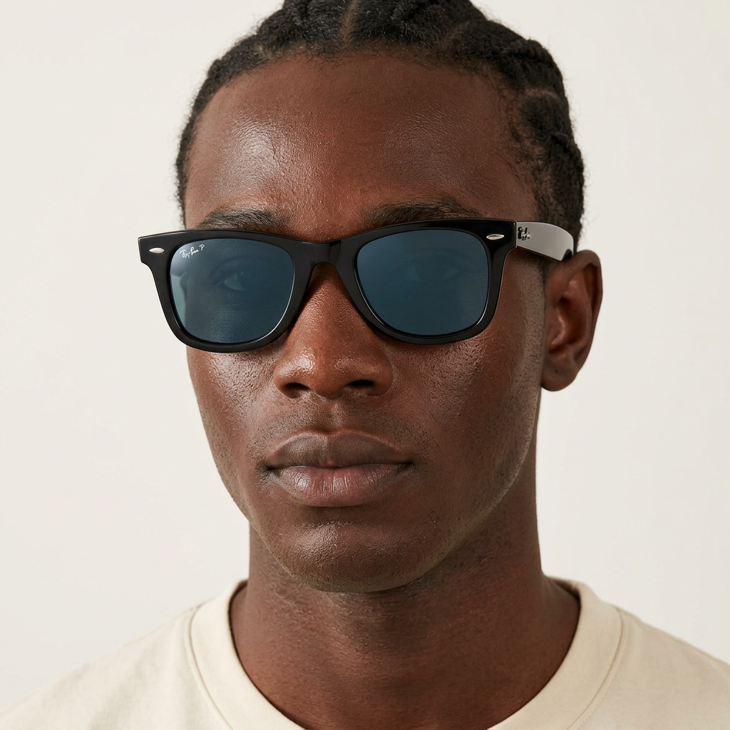 Black Nigerian male model wearing glossy black square sunglasses