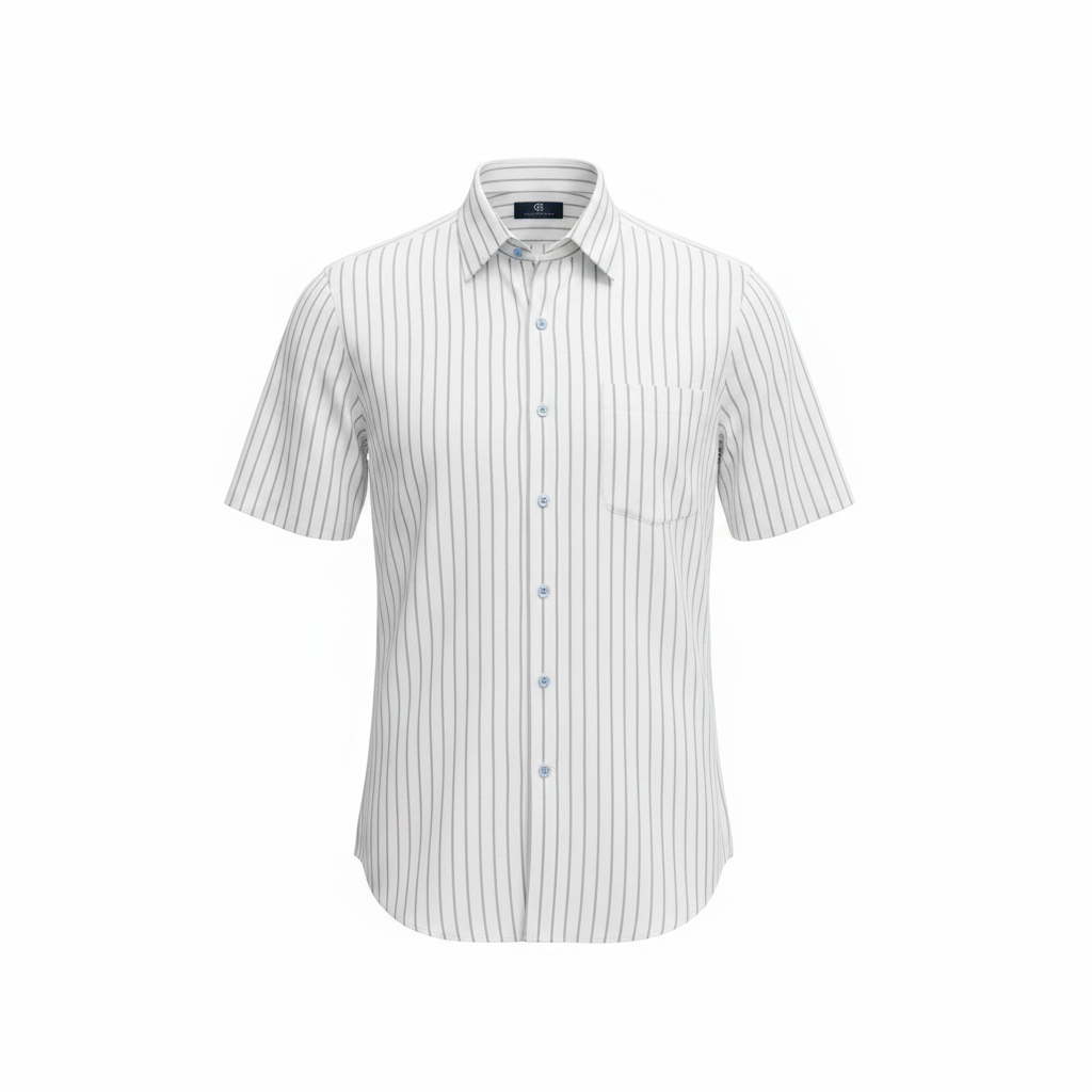 Ghost mannequin view of white pinstripe short-sleeve shirt