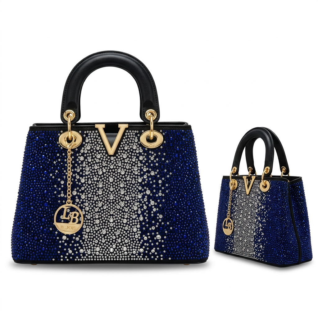 Deep blue and silver embellished handbag front and visible side views on white
