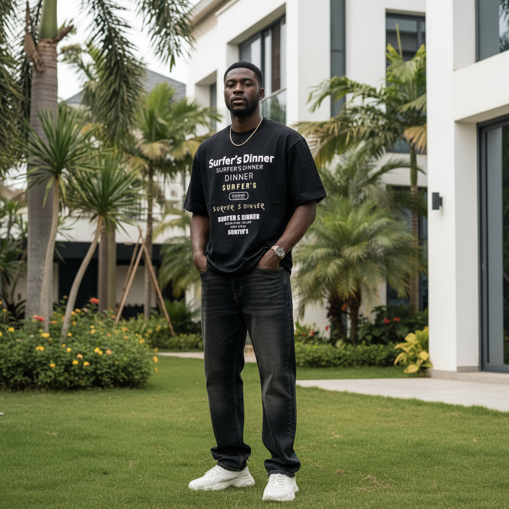 Nigerian male model wearing black white stacked text graphic tee – front view