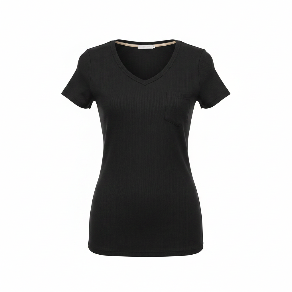 Black Ribbed V-Neck Short-Sleeved Shirt - Ghost Mannequin Front
