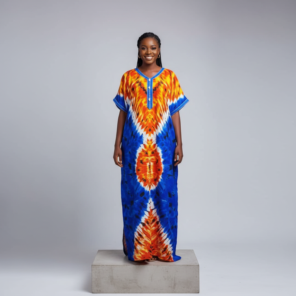 Nigerian female model wearing blue orange tie-dye long bubu gown