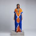 Nigerian female model wearing blue orange tie-dye long bubu gown