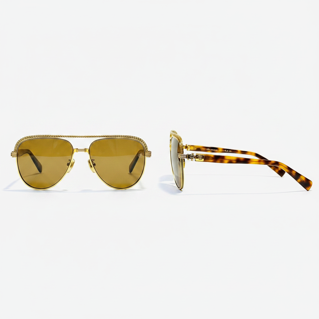 Ornate Brow Bar Aviator Sunglasses Gold Amber – Ghost Mannequin Front and Side View