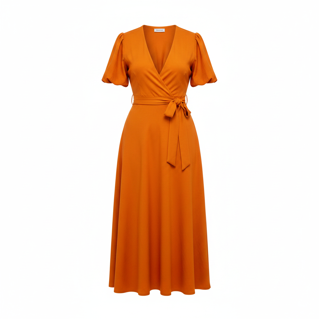 Women's orange puff sleeve wrap midi dress – ghost mannequin view