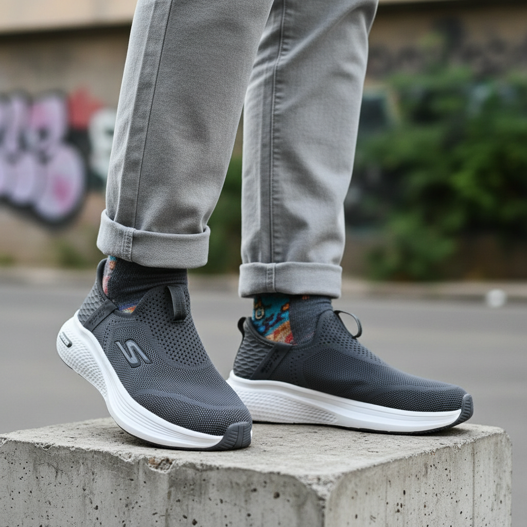 Model wearing charcoal grey knit laceless slip-on running sneakers with white sole leg shot