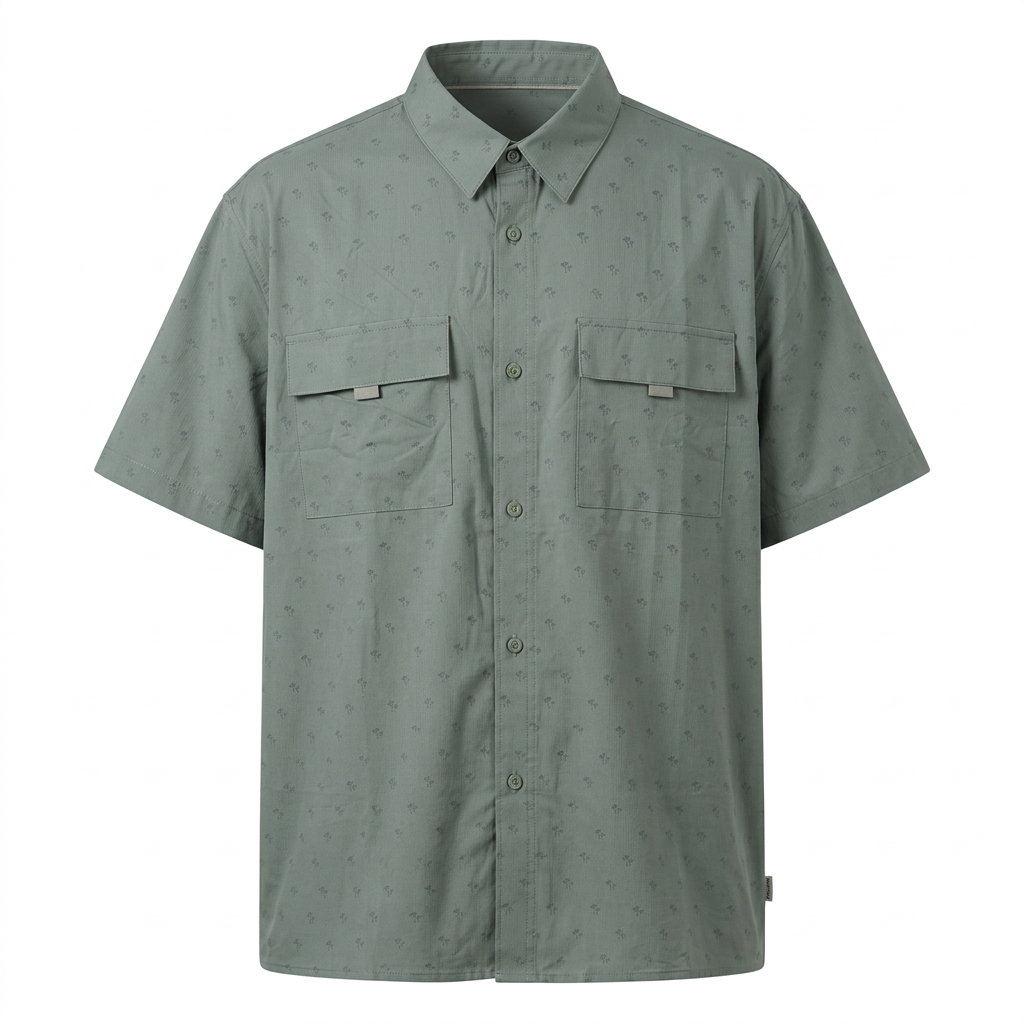 Grey-green short-sleeve shirt with two flap chest pockets on white