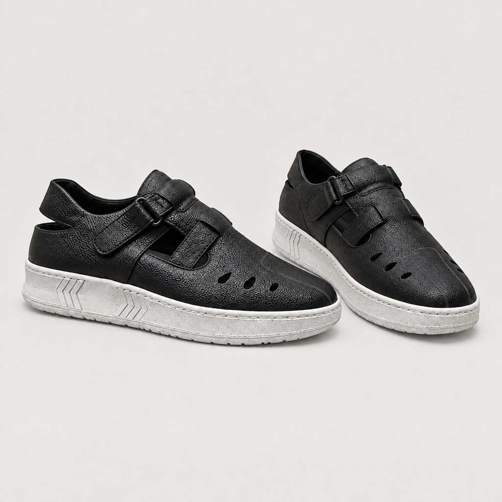 Black perforated double-strap shoes with textured uppers and white soles