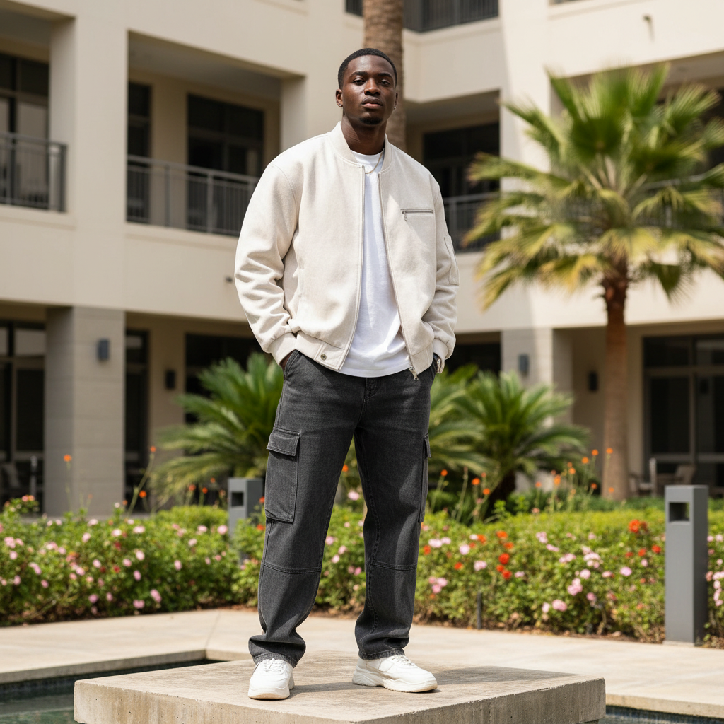 Men's Cream Suede-Effect Bomber Jacket – Nigerian Male Model
